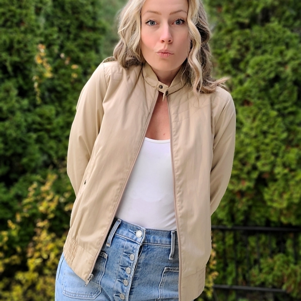 Vintage 80s Mod Tan Jacket w/ Shoulder Straps Cool Stitching Mock Neck Bomber S
